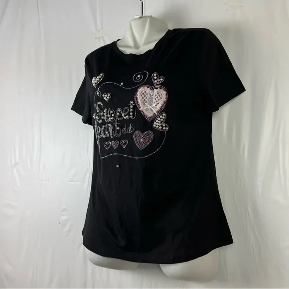 Women's Rhinestone Fitted short sleeve stretch black blouse size large - Picture 2 of 11